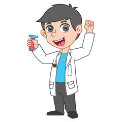 Doctor cartoon character with glass tube happy. Medical health care banner design with background. Medical colleagues hospital staff