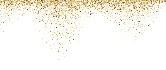Golden glitter background. Falling small confetti texture. Sparkling gold dots wallpaper. Border frame design element for posters, flyer, invitation. Christmas, New year, birthday pattern. Vector