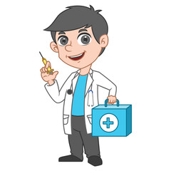 Doctor cartoon character with inject and box medicine. Medical health care banner design with background. Medical colleagues hospital staff