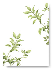 Elegant watercolor greenery background border and wreath card design. Vintage wedding card invitation theme.