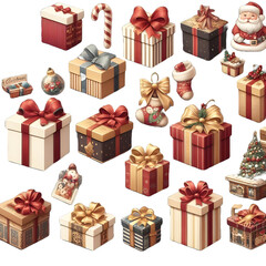 Many kinds of christmas gift boxes, trees, santa claus icons, transparent background PNG - obrazy, fototapety, plakaty