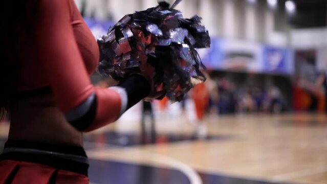 Cheerleader Young Girls Team Raise Hands Sway Wag Pom Poms During Performance Show. Close up of women in costume waving pompons supporting players. Gymnastics, cheerleading, active sport concept.