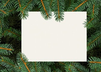 Fototapeta na wymiar abstract empty template for an christmas invitation, letter, note or greeting card, natural ever green branch next to the paper note, minimalistic design
