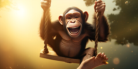 A male monkey is swinging on a swing, Captivating the Swing Time of a Male Monkey,The Swinging Skills of a Male Monkey - obrazy, fototapety, plakaty