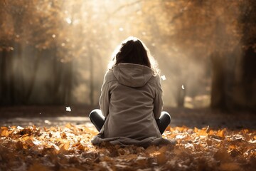 Mujer sentada en el suelo en un bosque de otoño. Está cabizbaja. Parece que tiene alguna preocupación o está relajada - obrazy, fototapety, plakaty
