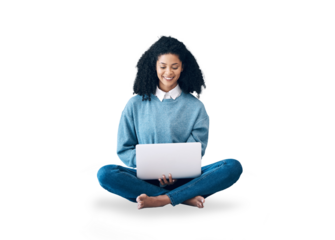Laptop, education and a black woman student isolated on a transparent background to study for university. Computer, learning and research with a happy young college pupil on PNG for elearning