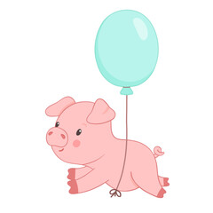 Cute piglet character flying with balloon. Hand drawn vector illustration isolated on white background. Funny Farm animal for kids