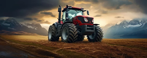 Gordijnen Farm equipment, tractor standing in the field. generative ai © Michal