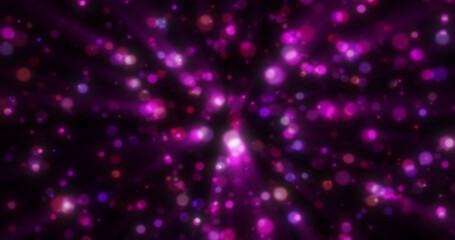 Abstract purple blurred holiday background with magical bokeh of glowing bright light energy small particles of flying dots on a black background
