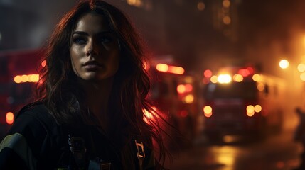 Fototapeta na wymiar female firefighter at night.