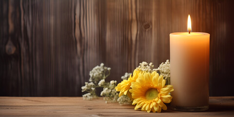 Obraz na płótnie Canvas Beautiful candle with flowers on wooden background, Rustic Elegance: Beautiful Candle and Flowers on Wooden Background