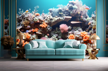 Living Room Interior with Breathtaking Underwater Aquarium Ambiance: Blue Sofa and Magnificent Aquarium Cabinets as Central Elements