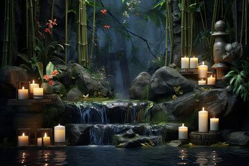 States of mind, meditation, feng shui, relaxation, nature, zen concept. Bamboo, rocks, water and candles background with copy space