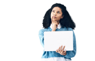 Woman, laptop and thinking in decision for communication or ideas isolated on a transparent PNG background. Female person in wonder, thought or planning with computer for email, proposal or schedule