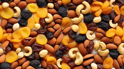Dried fruit and nuts mix seamless pattern. Photo background of snacks