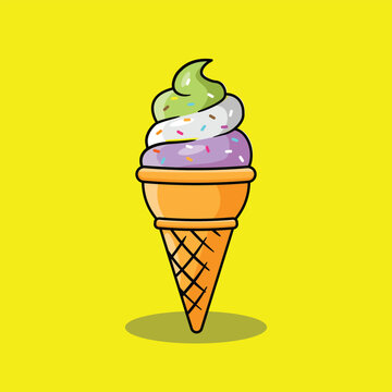 recommend clip art: ce cream cone ; Three flavour ice cream in the waffle cone ; Matcha green white vanilla and purple taro flavour ; Isolated on yellow background ; Vector flat outline icon ; Cartoon style illustration 
