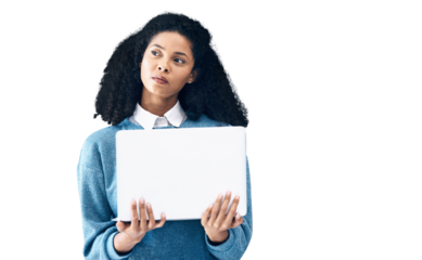 Woman, laptop and thinking for communication, ideas or email isolated on a transparent PNG background. Female person in wonder, thought or decision on computer for planning, proposal or schedule task