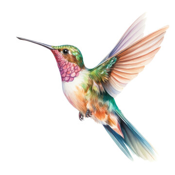 Flying hummingbird watercolor illustration. Drawing of colored colibri bird