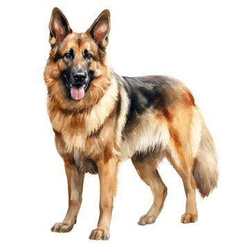German shepherd dog breed watercolor illustration. Cute pet drawing isolated on white background.