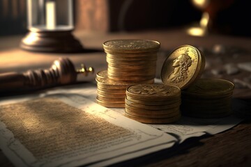 AI generated illustration of stack of gold coins on vintage documents on wooden table