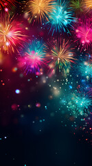 Obraz premium Happy New Year Celebration Sparkles Banner, space for text,Fireworks colorful explosions , festive background , New Years Eve or Independence Day 