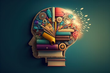 Fototapeta premium AI generated illustration of a human head with books and lighted gears isolated on blue background