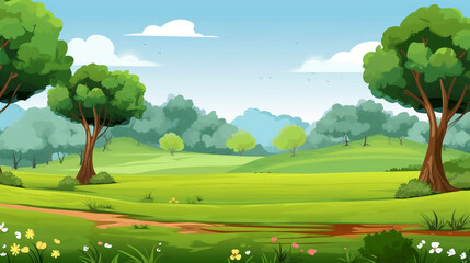open field, trees, and jungle as background, with space for characters, minimal, children's book illustration style 