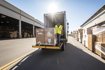 A truck driver utilizing a hand truck to move boxes from the back of a container to a loading dock