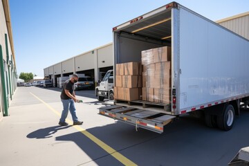 A truck driver utilizing a hand truck to move boxes from the back of a container to a loading dock - obrazy, fototapety, plakaty
