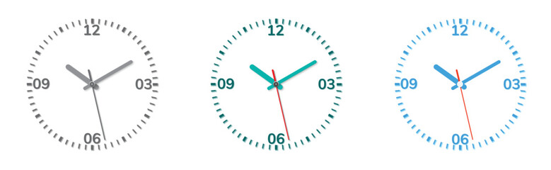 illustration of a set of clocks in three different color
