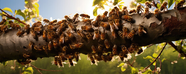 A swarm of bees on a tree. generative ai - Powered by Adobe