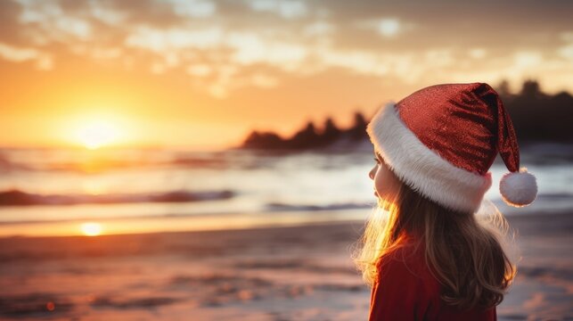 Back view of cute girl in red santa claus hat looking on sunset on the beach