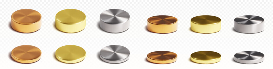 Metal cylinder product podiums in different sizes and angles. Realistic 3D vector set of gold, silver and bronze round stands for goods demonstration or awarding winner. Circle pillar platform mockup. - obrazy, fototapety, plakaty