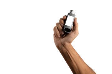 Hand holding asthma inhaler equipment.Pharmaceutical product