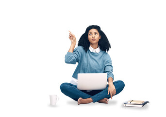 Laptop, research and pointing with woman on floor with notebooks and isolated on png background....
