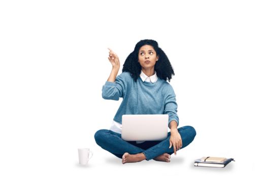 Laptop, research and pointing with woman on floor with notebooks and isolated on png background. Technology, online and website for work, communication and internet for remote work and advertising