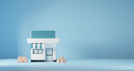 Minimal Shop store menu front sign on blue background. Shopping concept. discount promotion sale,...