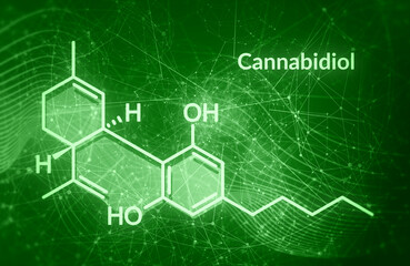 Cannabidiol or CBD molecular structural chemical formula. Futuristic science backdrop. Pharmacology concept