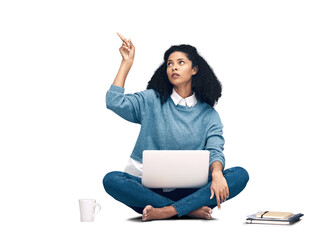 Laptop, digital and pointing with woman on floor with notebooks and isolated on png background....