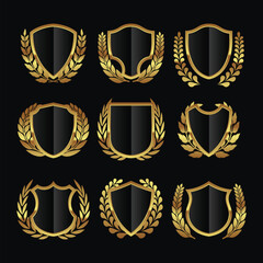 Realistic Luxury Golden Shields Collection with Laurel Wreath Leaves Icon Label Design. Concept of Secure Protection Badge. Web Security and Guarding System.