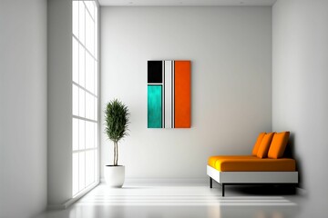 AI generated illustration of a modern white room interior with a painting and an orange seat
