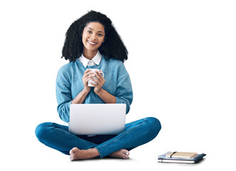 Portrait, laptop and coffee with a black woman student isolated on a transparent background to...