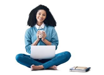 Portrait, laptop and coffee with a black woman student isolated on a transparent background to study for university. Computer, education and smile with a happy college pupil on PNG for scholarship