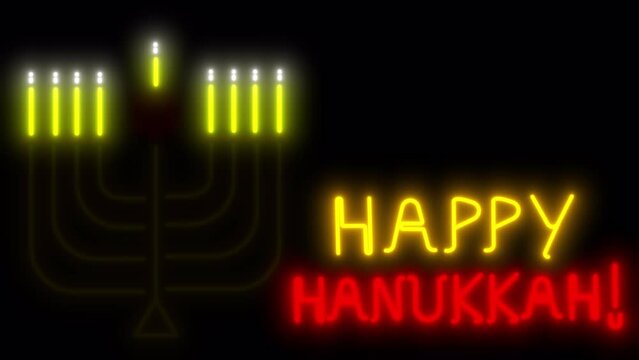 Happy Hanukkah. Jewish neon candlestick with congratulations in 4K with alpha cal.