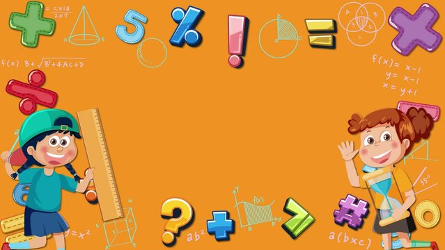 Girl students holding math tools learning Maths with math equation around border