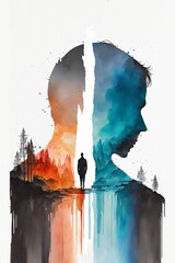 AI generated abstract watercolor illustration of a man walking in a field