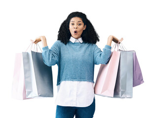 Woman, portrait and surprise with shopping bag for discount, sale or promo isolated on a...