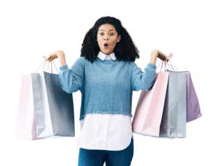 Woman, portrait and surprise with shopping bag for discount, sale or promo isolated on a transparent PNG background. Female person or shopper with gift bags in wow for purchase, deal or promotion