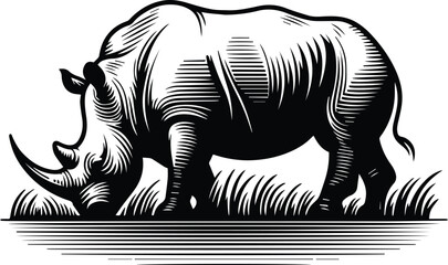 Rhinoceros Grazing On Grass Vector Logo Art - obrazy, fototapety, plakaty