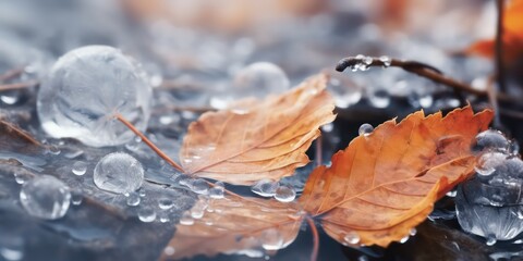 Beautiful light nature with bright leaves covered with frost ice melt in late winter or early summer water drops after ice melt.
